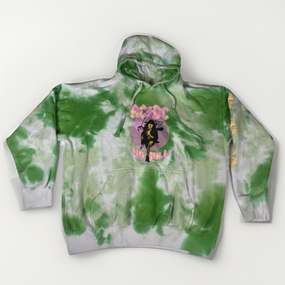AC/DC Hoodie Unisex Medium Green Tie-Dye No Bull Angus Young Rock Sweatshirt